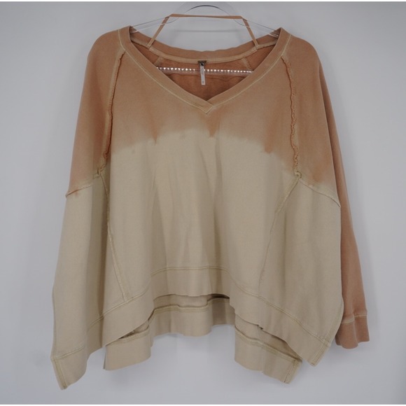 Free People Tops - Free People Ombre Dip Dye V-Neck Sweatshirt Peach Cream XS Cotton Pullover